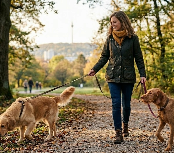 Hund führen leicht gemacht: Eine Frau geht entspannt mit zwei Hunden an locker geführten Leinen durch einen herbstlichen Park in Stuttgart, im Hintergrund ist der Fernsehturm zu sehen; die Hunde tragen Halsbänder und orientieren sich freundlich an ihrer Halterin