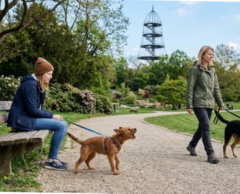 Ein Foto aus dem Killesbergpark in Stuttgart: Ein junger, bellender Hund zerrt an der Leine neben seiner Halterin, die auf einer Parkbank sitzt. Im Hintergrund geht ein entspanntes Mensch-Hund-Team vorbei. Die Szene illustriert einen klassischen Fehler im Leinentraining, den die Hundeschule Stuttgart im Blogpost analysiert.