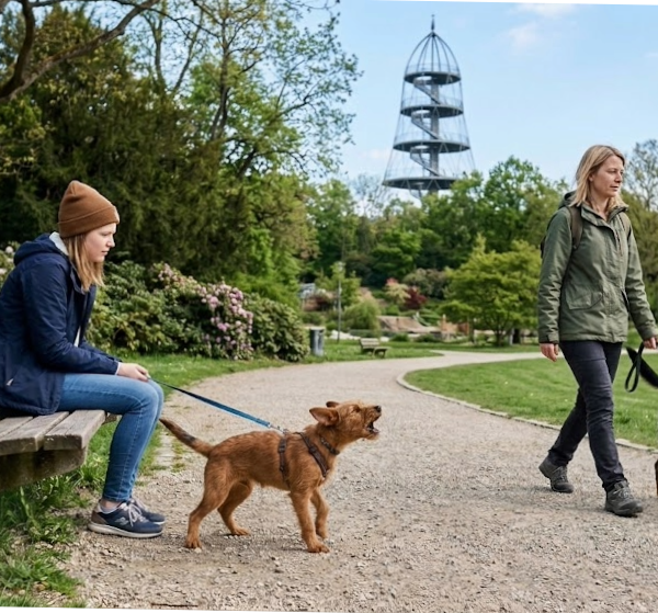 Ein Foto aus dem Killesbergpark in Stuttgart: Ein junger, bellender Hund zerrt an der Leine neben seiner Halterin, die auf einer Parkbank sitzt. Im Hintergrund geht ein entspanntes Mensch-Hund-Team vorbei. Die Szene illustriert einen klassischen Fehler im Leinentraining, den die Hundeschule Stuttgart im Blogpost analysiert.