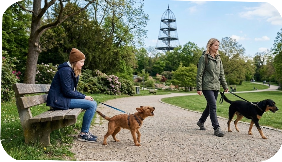 Ein Foto aus dem Killesbergpark in Stuttgart: Ein junger, bellender Hund zerrt an der Leine neben seiner Halterin, die auf einer Parkbank sitzt. Im Hintergrund geht ein entspanntes Mensch-Hund-Team vorbei. Die Szene illustriert einen klassischen Fehler im Leinentraining, den die Hundeschule Stuttgart im Blogpost analysiert.