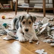 entspannter Welpe? Ein kleiner, drahthaariger Terrierwelpe liegt inmitten eines Meeres aus zerfetztem Zeitungspapier auf einem Parkettboden im Wohnzimmer. Der Welpe schaut mit großen, unschuldigen dunklen Augen direkt in die Kamera und hält triumphierend ein kleines Stück Papier im Maul. Auf den Papierschnipseln ist deutlich der Schriftzug „Stuttgarter Nachrichten“ zu erkennen. Im Hintergrund ist ein gemütlich eingerichteter Raum mit Teppich, einem Couchtisch aus Holz und einem Bücherregal angedeutet