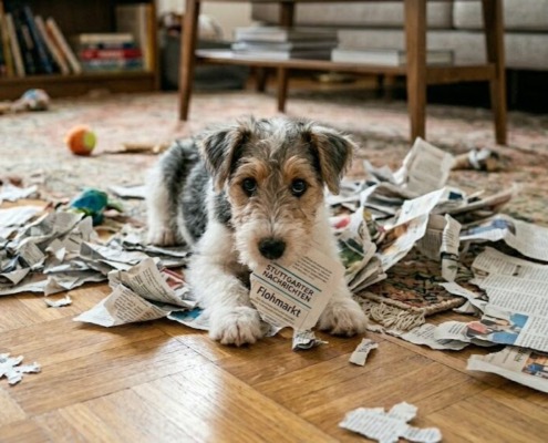 entspannter Welpe? Ein kleiner, drahthaariger Terrierwelpe liegt inmitten eines Meeres aus zerfetztem Zeitungspapier auf einem Parkettboden im Wohnzimmer. Der Welpe schaut mit großen, unschuldigen dunklen Augen direkt in die Kamera und hält triumphierend ein kleines Stück Papier im Maul. Auf den Papierschnipseln ist deutlich der Schriftzug „Stuttgarter Nachrichten“ zu erkennen. Im Hintergrund ist ein gemütlich eingerichteter Raum mit Teppich, einem Couchtisch aus Holz und einem Bücherregal angedeutet