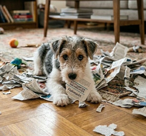 entspannter Welpe? Ein kleiner, drahthaariger Terrierwelpe liegt inmitten eines Meeres aus zerfetztem Zeitungspapier auf einem Parkettboden im Wohnzimmer. Der Welpe schaut mit großen, unschuldigen dunklen Augen direkt in die Kamera und hält triumphierend ein kleines Stück Papier im Maul. Auf den Papierschnipseln ist deutlich der Schriftzug „Stuttgarter Nachrichten“ zu erkennen. Im Hintergrund ist ein gemütlich eingerichteter Raum mit Teppich, einem Couchtisch aus Holz und einem Bücherregal angedeutet