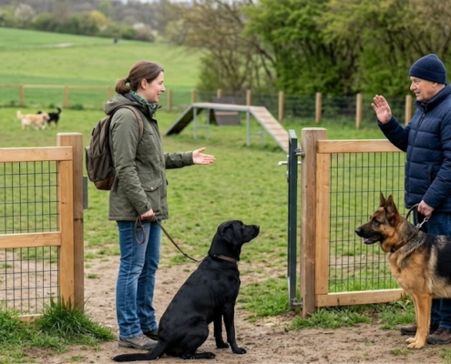 Etikette auf der Hundewiese: Ein Foto einer gepflegten, eingezäunten Hundewiese in Stuttgart. Im Vordergrund steht ein Mann mit einem Deutschen Schäferhund und spricht respektvoll mit einer Frau, die einen schwarzen Labrador an der Leine hält. Der Mann hebt eine Hand zum Gruß oder zum Signalisieren eines Stopps, was die Kommunikation zwischen Hundehaltern zeigt. Beide Hunde wirken ruhig und kontrolliert. Ein Schild am Holzzaun weist auf die wichtigsten Regeln zur Etikette hin (Höflichkeit, Ruhe & Kommunikation). Im Hintergrund ist eine grüne Hügellandschaft zu sehen.