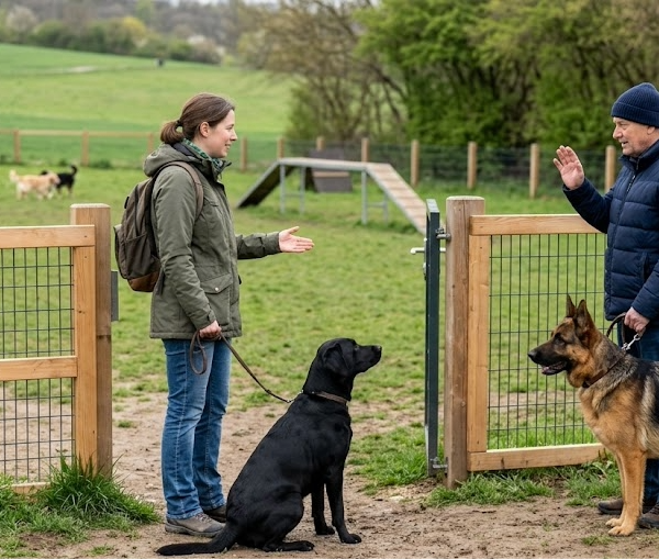 Etikette auf der Hundewiese: Ein Foto einer gepflegten, eingezäunten Hundewiese in Stuttgart. Im Vordergrund steht ein Mann mit einem Deutschen Schäferhund und spricht respektvoll mit einer Frau, die einen schwarzen Labrador an der Leine hält. Der Mann hebt eine Hand zum Gruß oder zum Signalisieren eines Stopps, was die Kommunikation zwischen Hundehaltern zeigt. Beide Hunde wirken ruhig und kontrolliert. Ein Schild am Holzzaun weist auf die wichtigsten Regeln zur Etikette hin (Höflichkeit, Ruhe & Kommunikation). Im Hintergrund ist eine grüne Hügellandschaft zu sehen.