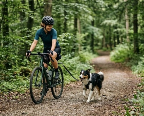 Radfahren mit Hund: Eine Radfahrerin im Sportdress mit Helm fährt im schattigen Wald auf einem unbefestigten Weg. Ihr Hund, ein Border Collie im Geschirr, trabt angeleint an einer speziellen Fahrradhalterung fröhlich neben dem Rad her. Professionelles Training der Hundeschule Stuttgart
