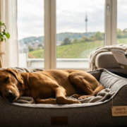 Ein entspannt schlafender brauner Hund in einem gemütlichen grauen Hundebett in einem Stuttgarter Wohnzimmer. Im Hintergrund sieht man durch das Fenster die Weinberge und den Stuttgarter Fernsehturm, während eine Frau entspannt liest. erfolgreiches Ruhetraining für Hunde der Hundeschule Stuttgart