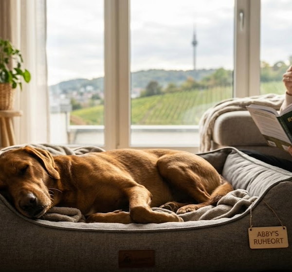 Ein entspannt schlafender brauner Hund in einem gemütlichen grauen Hundebett in einem Stuttgarter Wohnzimmer. Im Hintergrund sieht man durch das Fenster die Weinberge und den Stuttgarter Fernsehturm, während eine Frau entspannt liest. erfolgreiches Ruhetraining für Hunde der Hundeschule Stuttgart