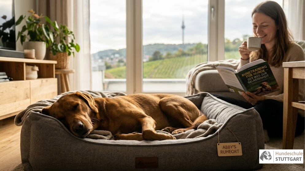 Ein entspannt schlafender brauner Hund in einem gemütlichen grauen Hundebett in einem Stuttgarter Wohnzimmer. Im Hintergrund sieht man durch das Fenster die Weinberge und den Stuttgarter Fernsehturm, während eine Frau entspannt liest. erfolgreiches Ruhetraining für Hunde der Hundeschule Stuttgart