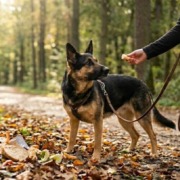 Ein Schäferhund an der Leine auf einem herbstlichen Waldweg in der Nähe von Stuttgart schaut aufmerksam zu einer menschlichen Hand, die ihm ein Leckerli hinhält. Im Vordergrund sind verstreute Lebensmittelabfälle wie Brotscheiben am Boden zu sehen, während der Hund lernt, die Nahrung vom Boden zu ignorieren und sich auf den Hundeführer zu konzentrieren. Die Szene illustriert ein Anti-Giftköder-Training