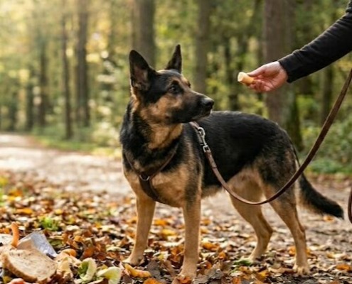 Ein Schäferhund an der Leine auf einem herbstlichen Waldweg in der Nähe von Stuttgart schaut aufmerksam zu einer menschlichen Hand, die ihm ein Leckerli hinhält. Im Vordergrund sind verstreute Lebensmittelabfälle wie Brotscheiben am Boden zu sehen, während der Hund lernt, die Nahrung vom Boden zu ignorieren und sich auf den Hundeführer zu konzentrieren. Die Szene illustriert ein Anti-Giftköder-Training