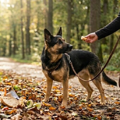 Ein Schäferhund an der Leine auf einem herbstlichen Waldweg in der Nähe von Stuttgart schaut aufmerksam zu einer menschlichen Hand, die ihm ein Leckerli hinhält. Im Vordergrund sind verstreute Lebensmittelabfälle wie Brotscheiben am Boden zu sehen, während der Hund lernt, die Nahrung vom Boden zu ignorieren und sich auf den Hundeführer zu konzentrieren. Die Szene illustriert ein Anti-Giftköder-Training
