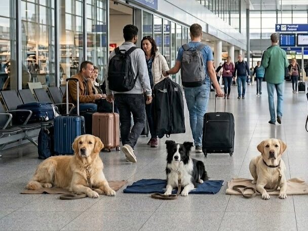 Hundeführerschein Stuttgart. Drei entspannte Hunde liegen nebeneinander auf Decken im Terminal des Flughafens Stuttgart. Während Reisende vorbeigehen