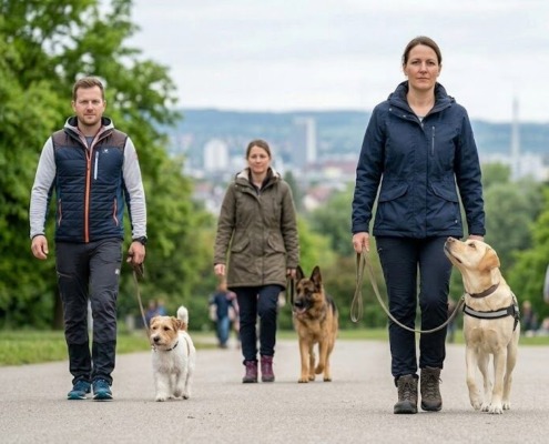 Vorbereitungskurs zum D.O.Q. Hundeführerschein in Stuttgart: Vier Hundehalter gehen im Training mit ihren unterschiedlichen Hunden ruhig und aufmerksam an lockerer Leine durch einen Park. FAQ