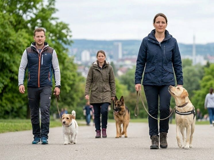 Vorbereitungskurs zum D.O.Q. Hundeführerschein in Stuttgart: Vier Hundehalter gehen im Training mit ihren unterschiedlichen Hunden ruhig und aufmerksam an lockerer Leine durch einen Park. FAQ