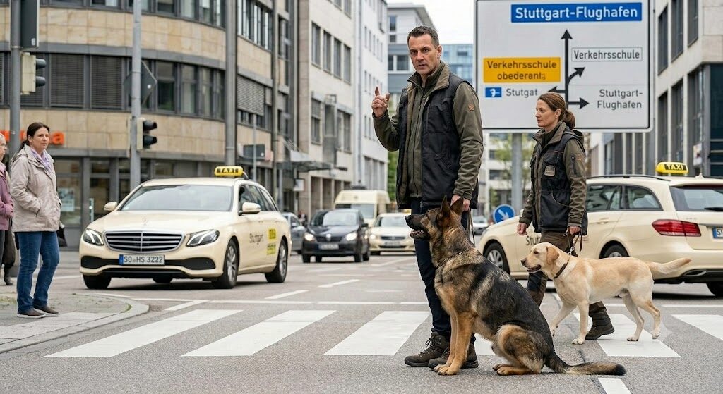 Zwei Hundehalter üben für den D.O.Q. Hundeführerschein an einer Ampelkreuzung nahe dem Flughafen Stuttgart. Ein Deutscher Schäferhund sitzt aufmerksam und wartet auf das Signal