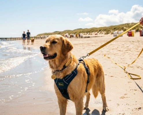 Ein Golden Retriever an einer langen Schleppleine am Strand mit einem Hundegeschirr, auf dem die internationale Vorwahl '+49' deutlich zu erkennen ist, symbolisiert Sicherheit im Urlaub.Urlaub mit Hund Checkliste