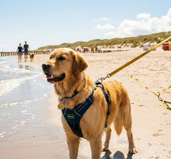 Ein Golden Retriever an einer langen Schleppleine am Strand mit einem Hundegeschirr, auf dem die internationale Vorwahl '+49' deutlich zu erkennen ist, symbolisiert Sicherheit im Urlaub.Urlaub mit Hund Checkliste