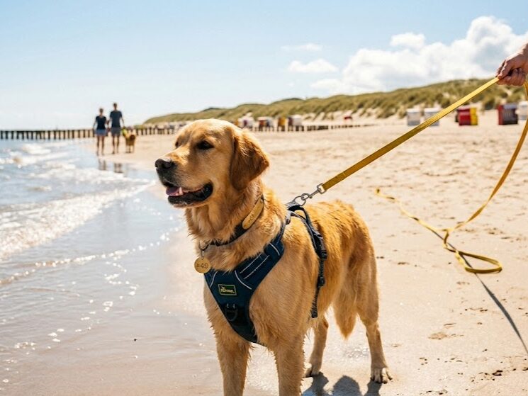 Ein Golden Retriever an einer langen Schleppleine am Strand mit einem Hundegeschirr, auf dem die internationale Vorwahl '+49' deutlich zu erkennen ist, symbolisiert Sicherheit im Urlaub.Urlaub mit Hund Checkliste